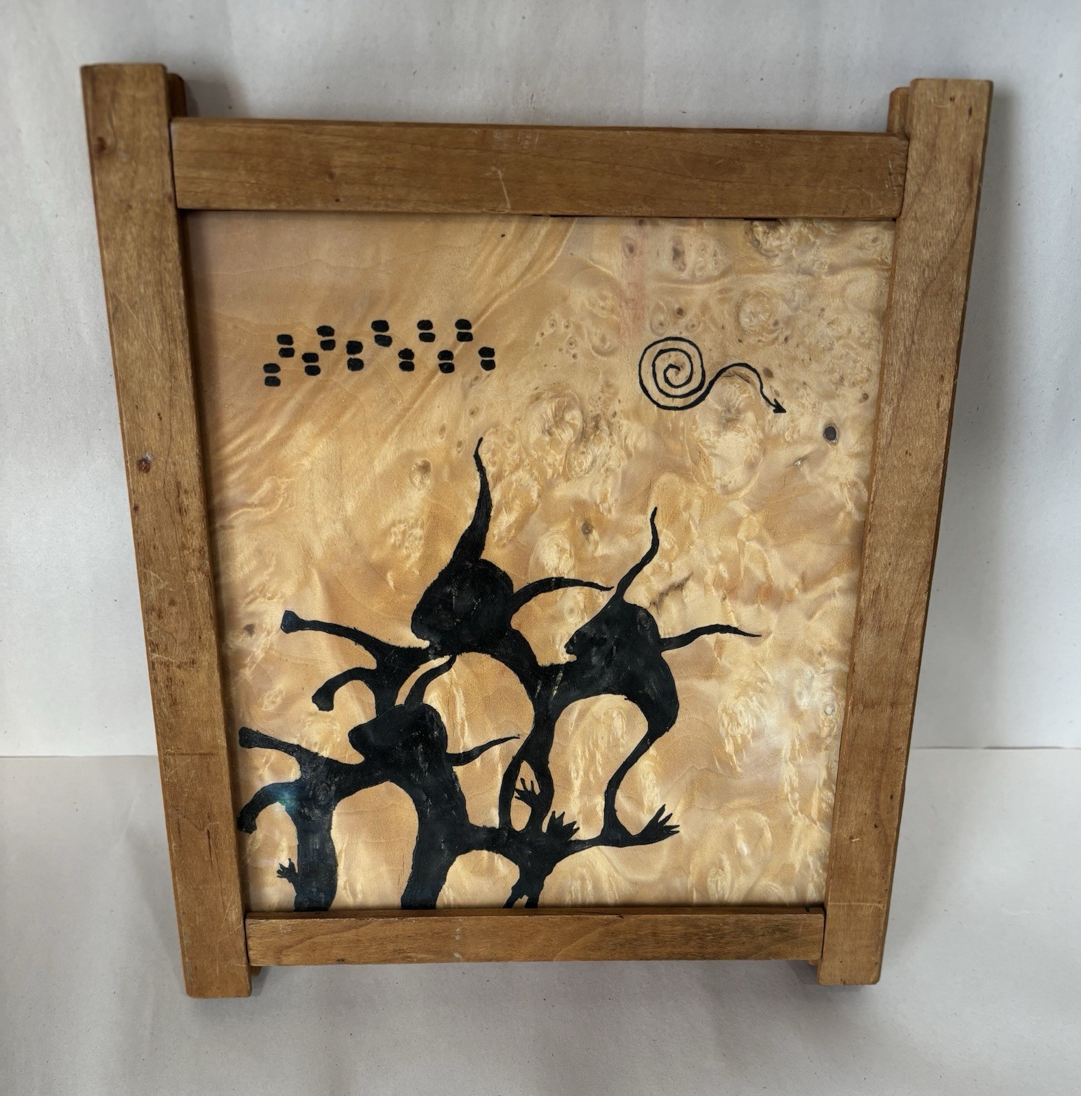 Vintage Rustic Ink Painting On Wood In Wood Frame