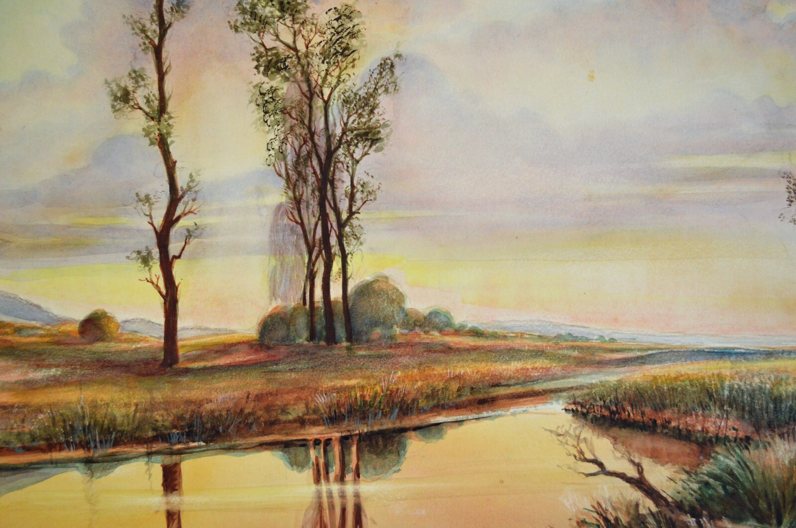 DAVID MACKOFF ANTIQUE WATERCOLOR ON CARDBOARD SIGNED DATED 1939 RIVER LANDSCAPE