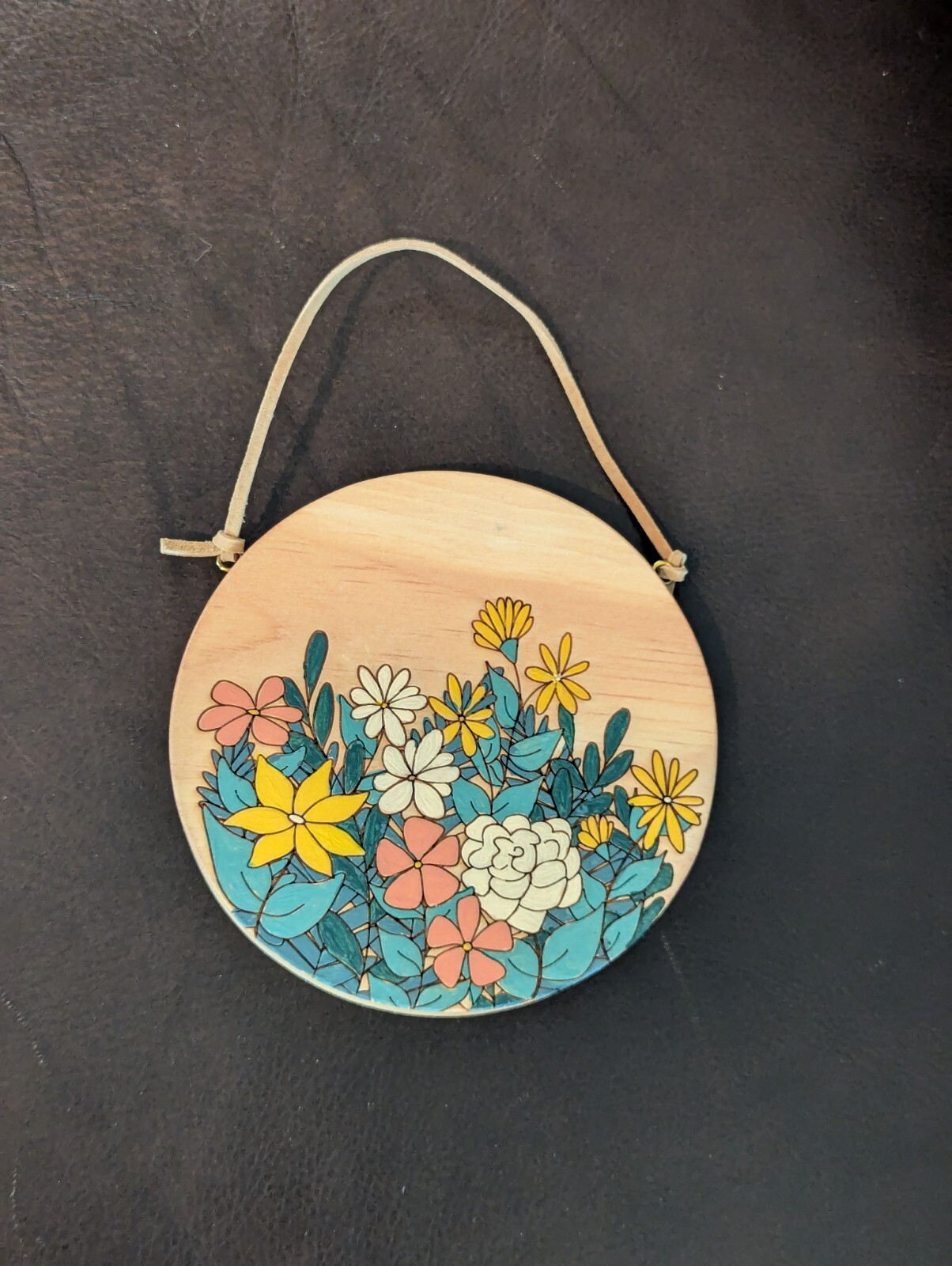 Paint By Numbers Wood Wild Flower Wall Hanging Leather Hanger 5 Inch Round