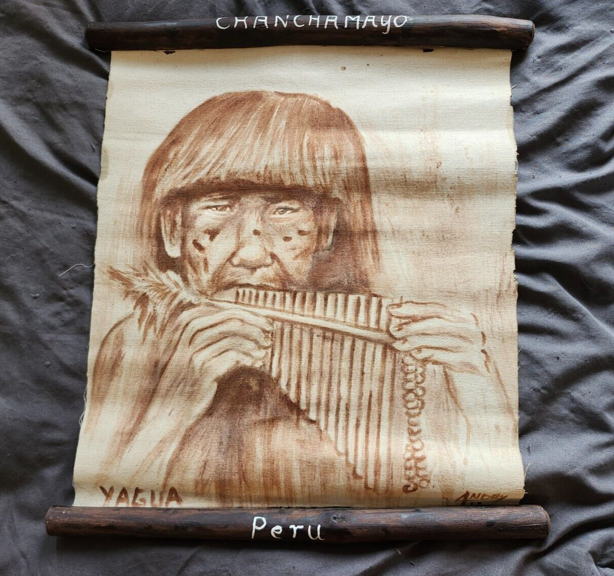 PERUVIAN Tapestry Fabric Artwork wall hanger Chanchamayo Yagua pan flute
