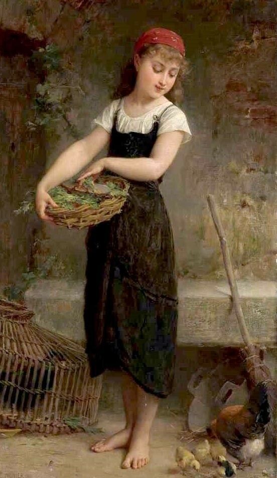 Art High Quality Oil Painting On Canvas girl beauty with birds Feeding