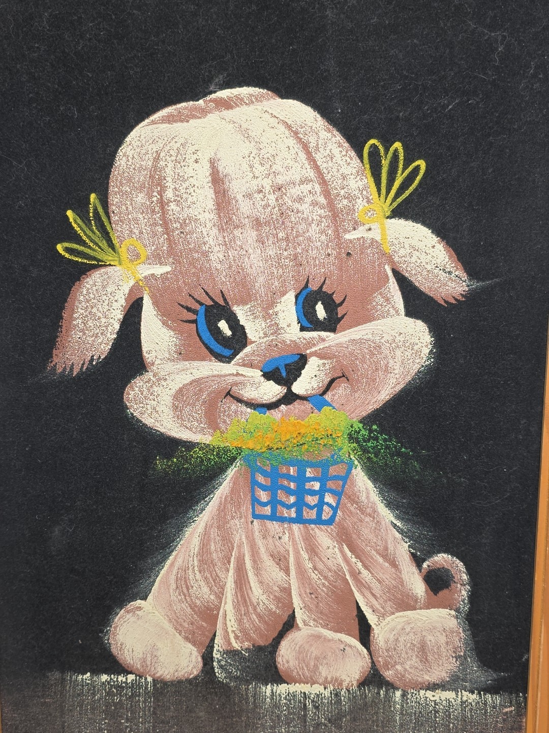 Vintage Velvet Painting Frame Dog Pink Poodle Kitsch Basket & Bow’s 70s Retro