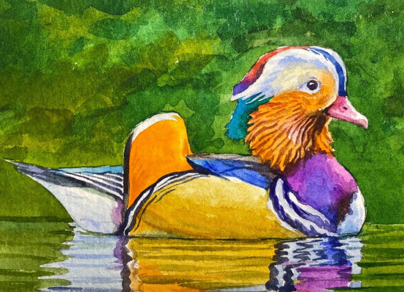 Watercolor Painting Mandarin Duck Bird Lake Nature ACEO Art