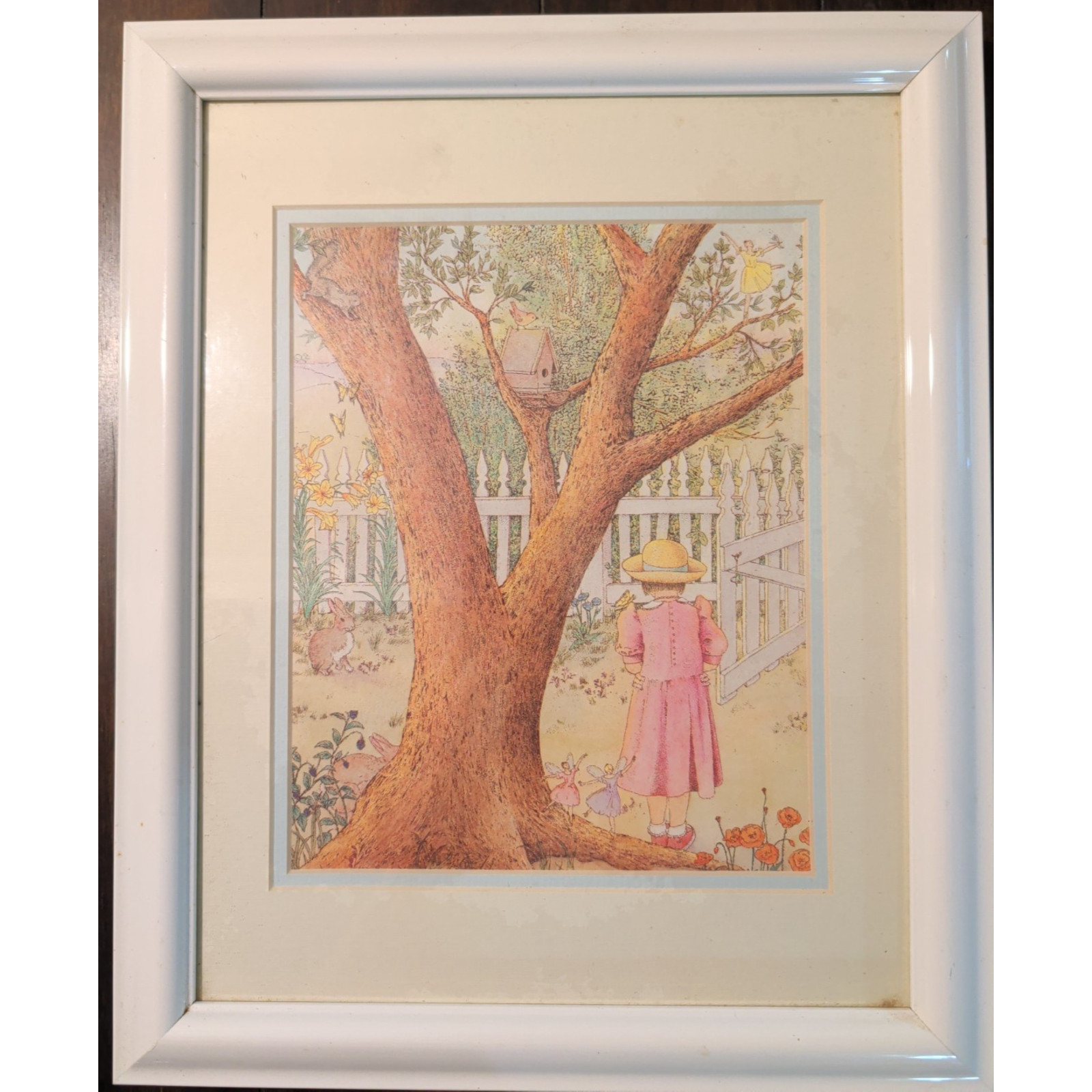 VTG Garden Girl Print – Woodland Animals – Framed Pastoral Scene – Cottagecore