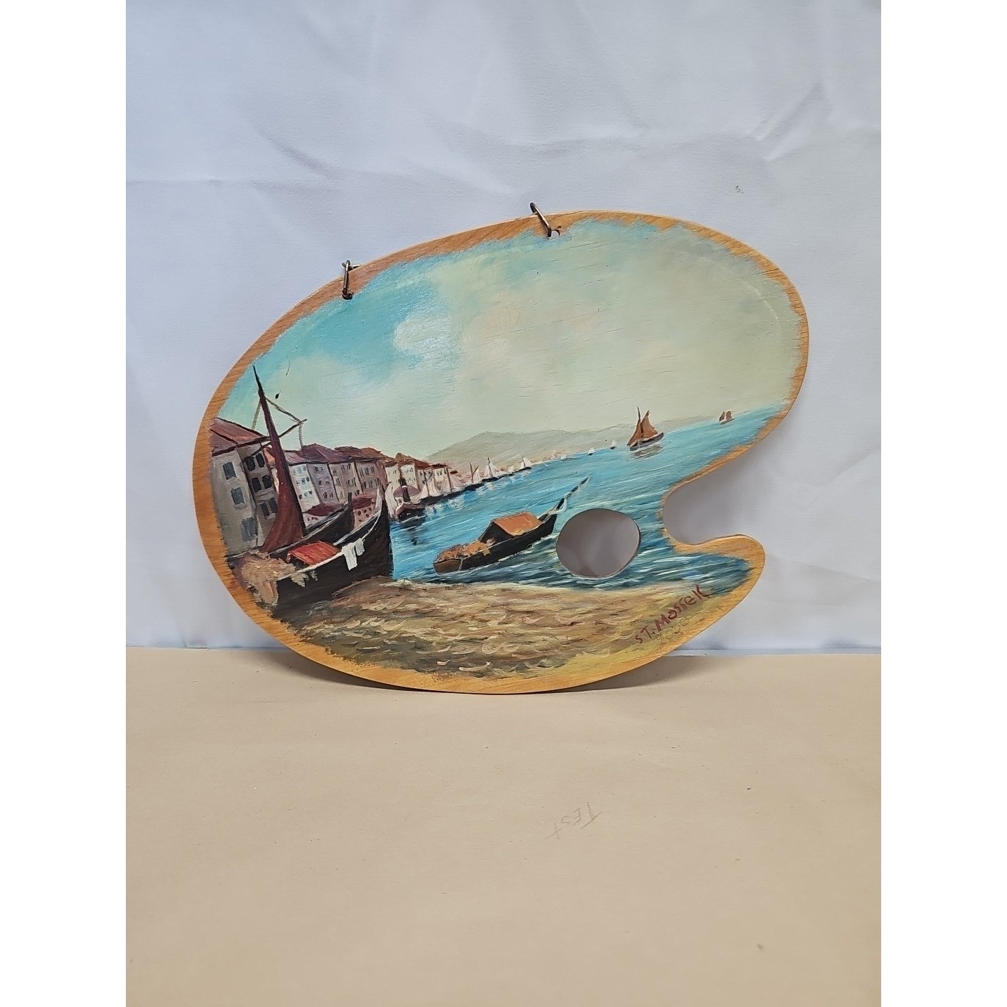 Vintage Nature Oil On Wood Waterfront Painting Palette Signed ST Massek Sz 13×9