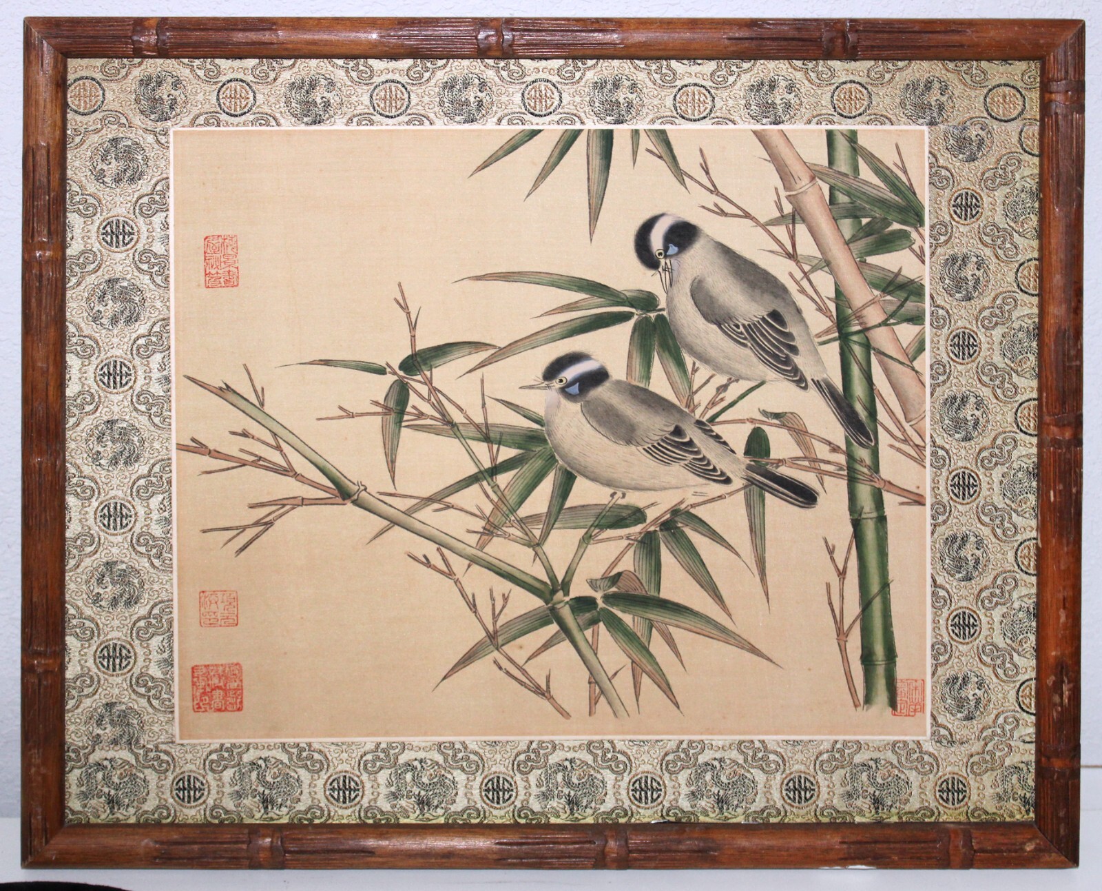 Painting on Silk Birds with Bamboo Signed Fabric Mat Bamboo Frame Vintage
