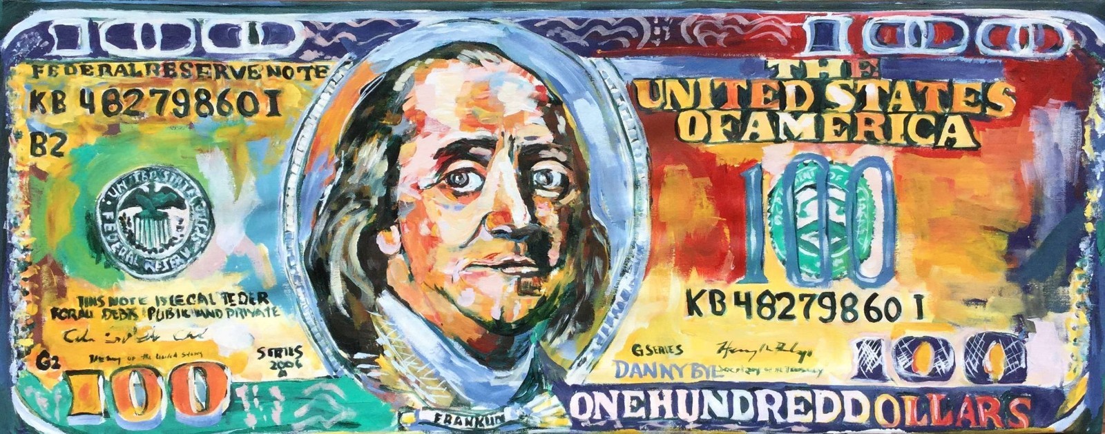 Ben Franklin 100 Dollar Bill Original Modern Art Painting Dan Byl 19×51 inches