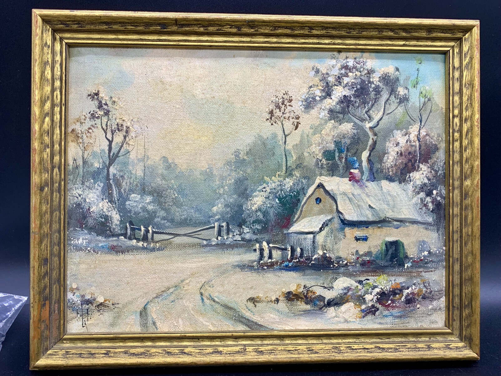 VINTAGE PAINTING OIL BOARD WINTER SEASON COUNTRYSIDE HOUSE BARN FRAMED