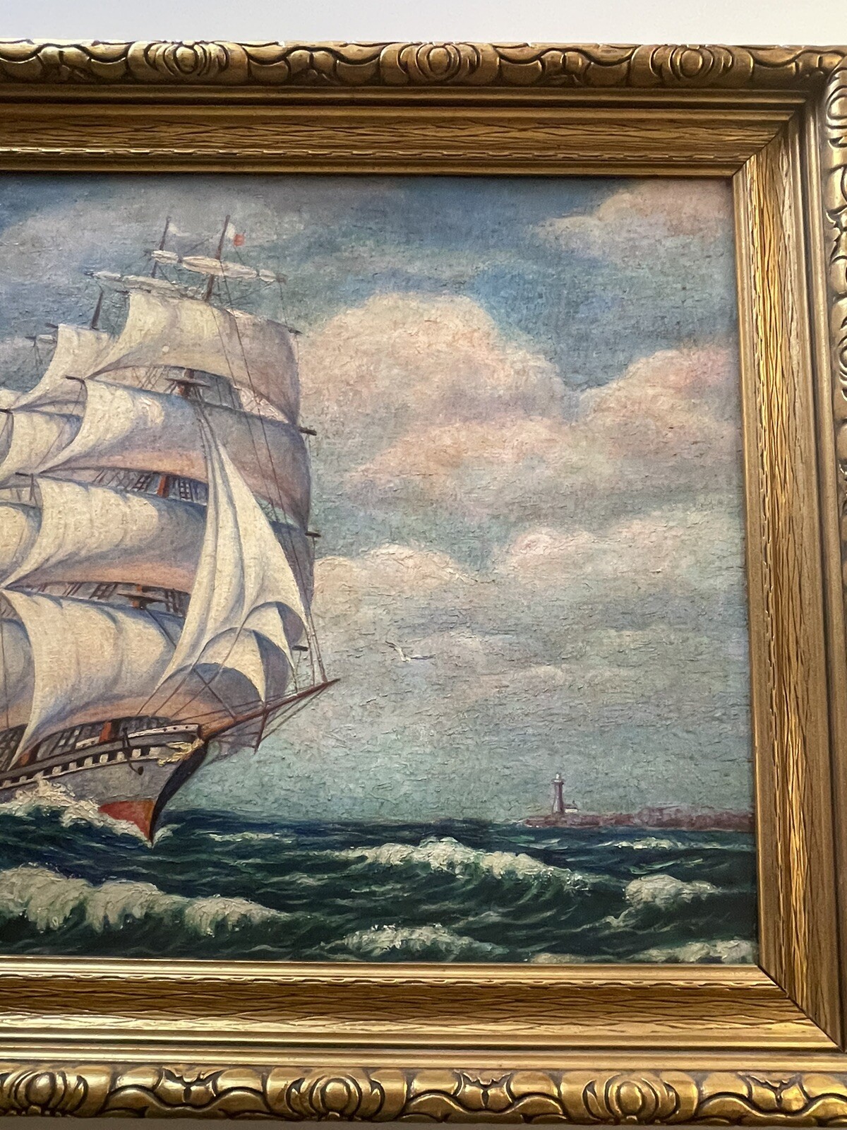 Antique Nautical Painting Seascape American Lighthouse Landscape Coastal Ship