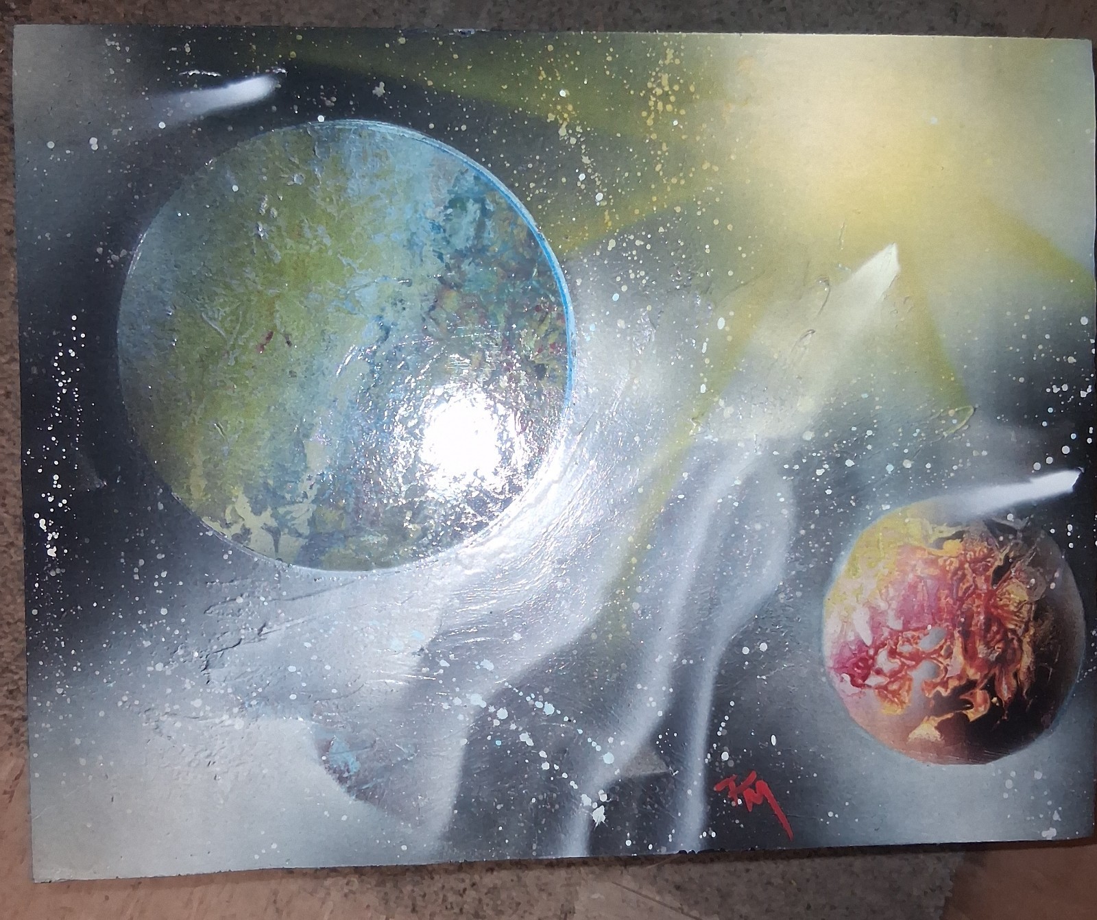 Signed Abstract Outer Space Planets & Stars Painting Unframed, single piece