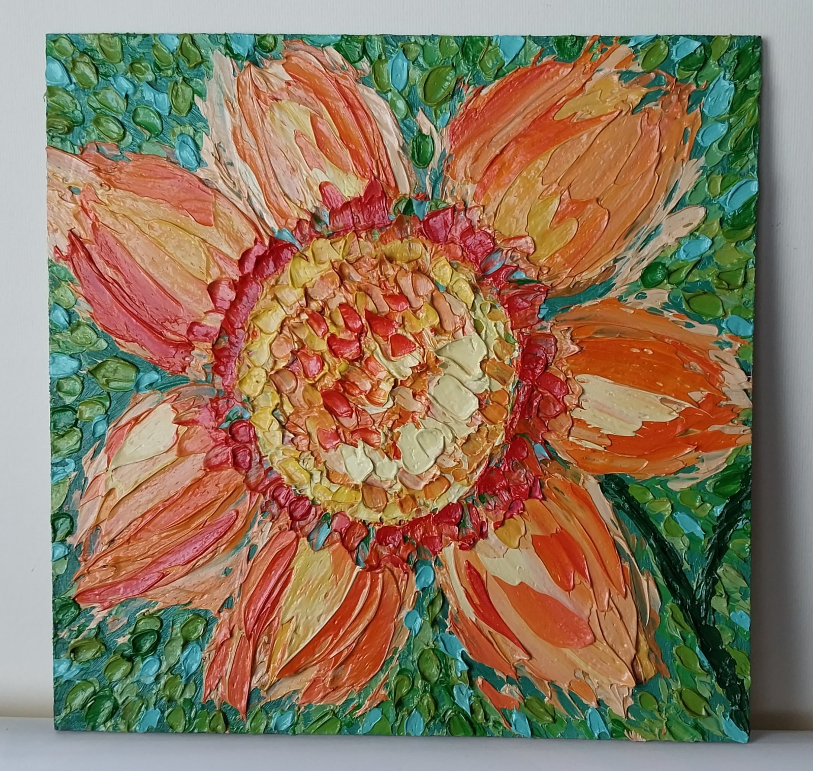 Framed Bright Sunflower Textured Flower Art 8×8” Impasto Oil Painting Original