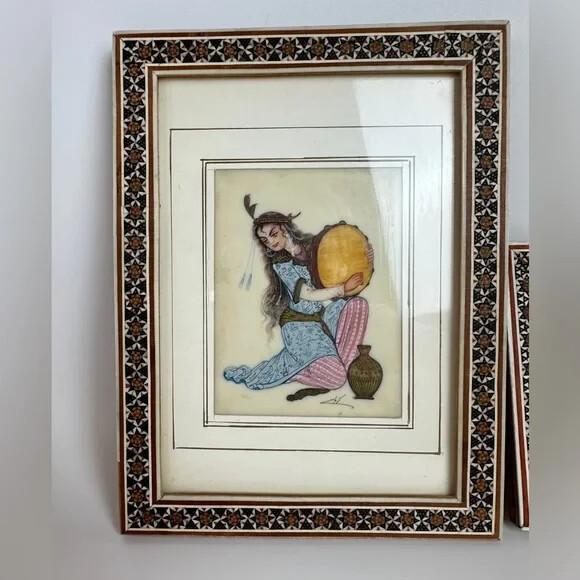 VTG Persian Camel Bone Art Mosaic Framed Art Set of 2 Beautiful