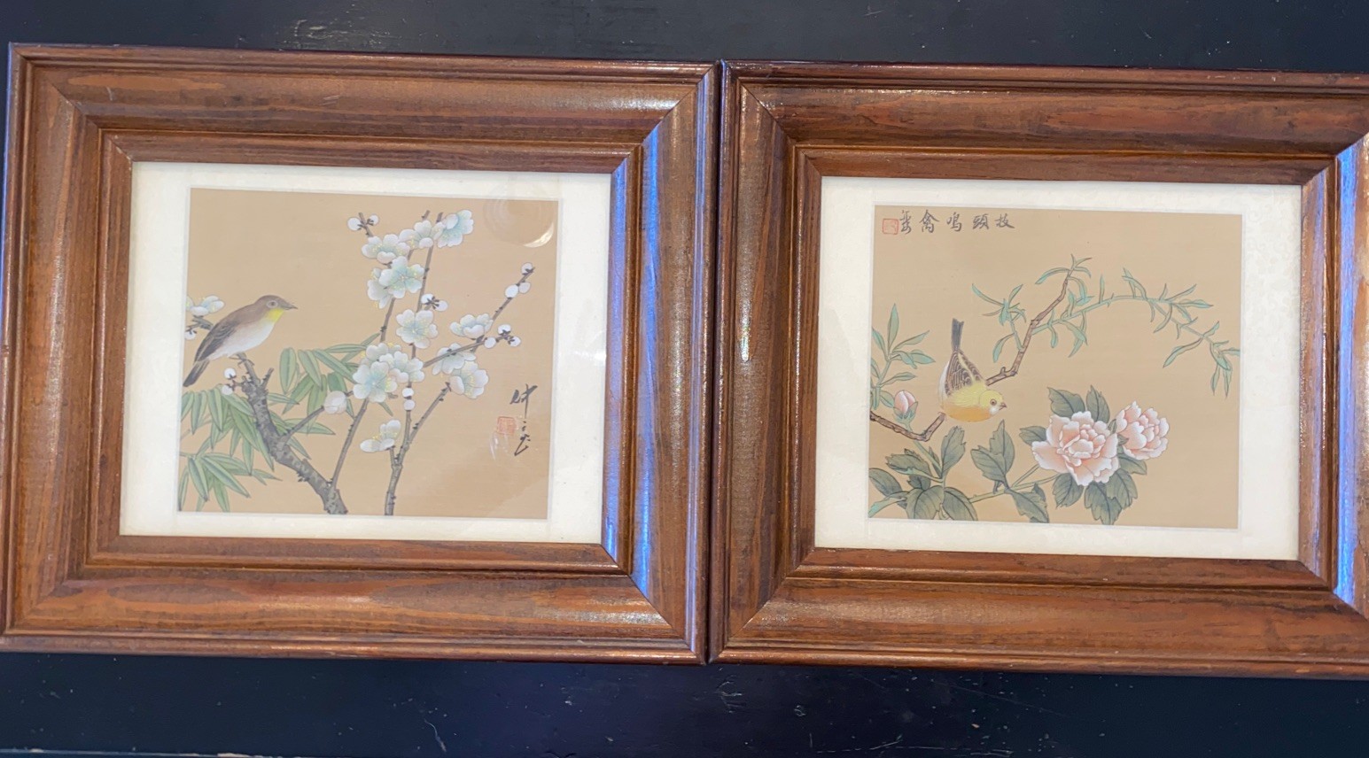 2 Japanese or Chinese Hand Painting on Silk BIRDS/ FLOWERS Framed 11.25 X 13.25