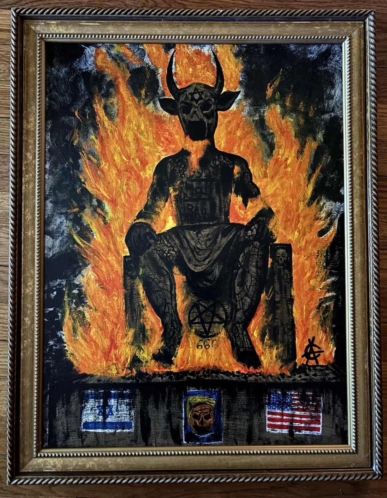 Baal Burning Tehran Orig Painting 18×24” Framed Art AcidBrain Charcoal Monsters