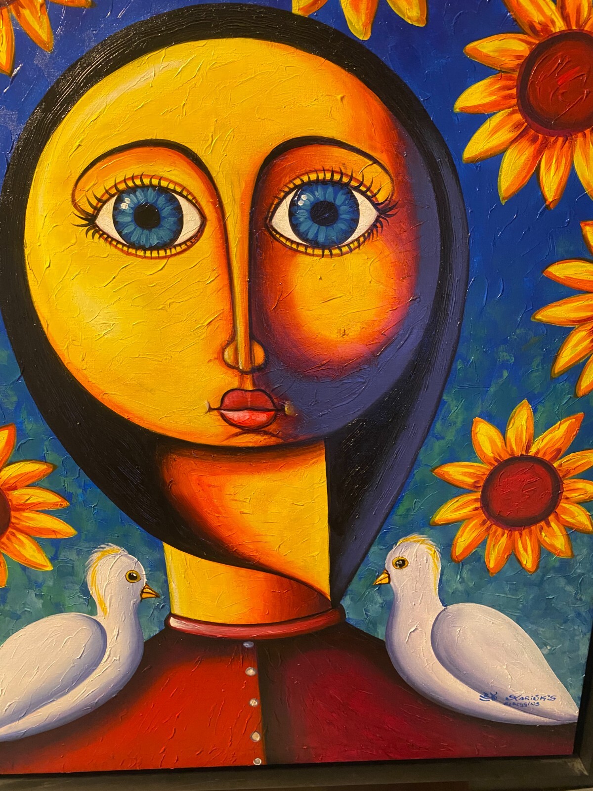 Monumental «Two Doves, Figure And Sunflowers Scene» Oil Painting – Signed/Framed