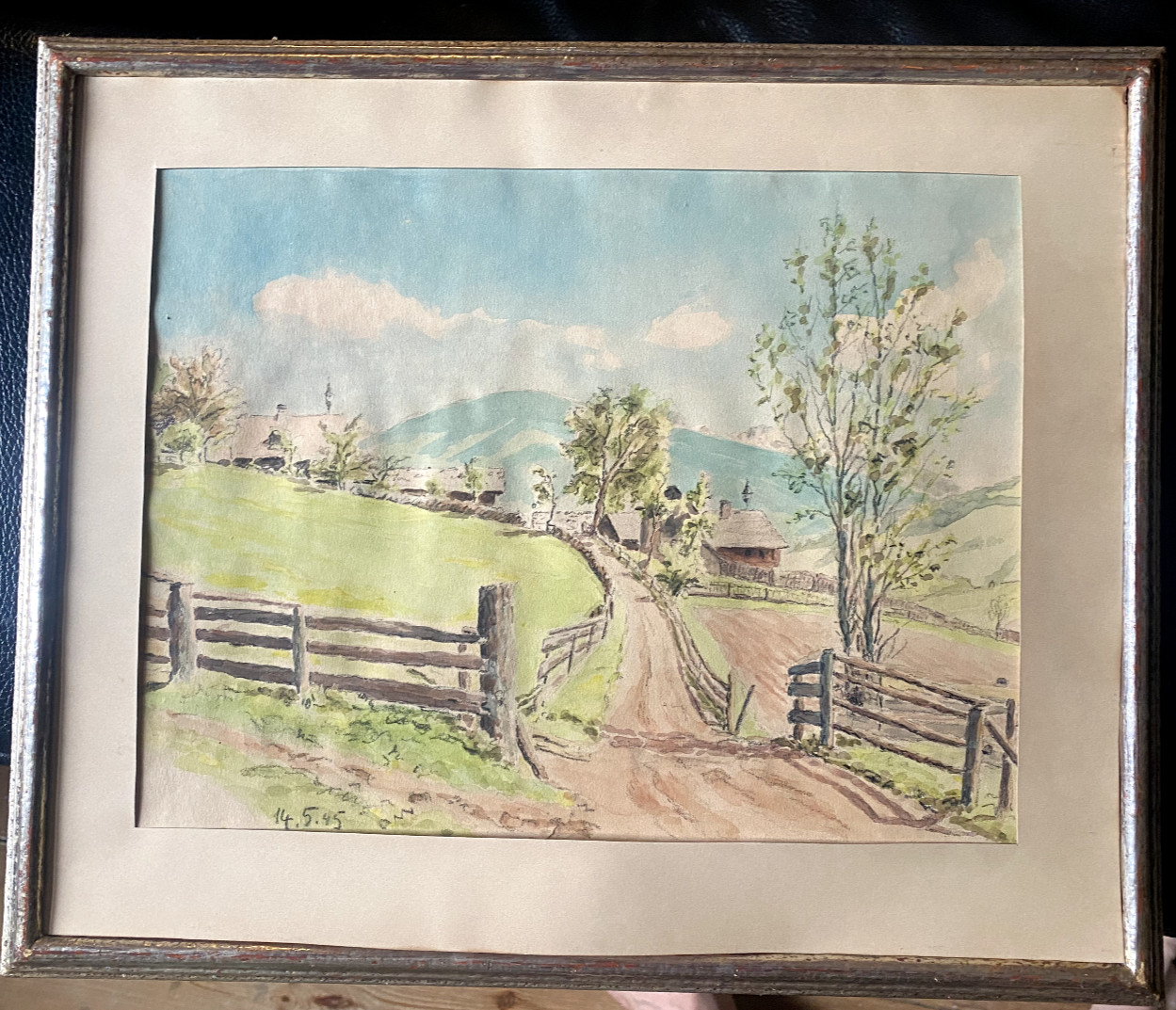 ::WATERCOLOUR 14/05. 1945 ALPINE CHAPEL ALPINE PASTURE FRAME GATE MOUNTAINS SPRING MAY