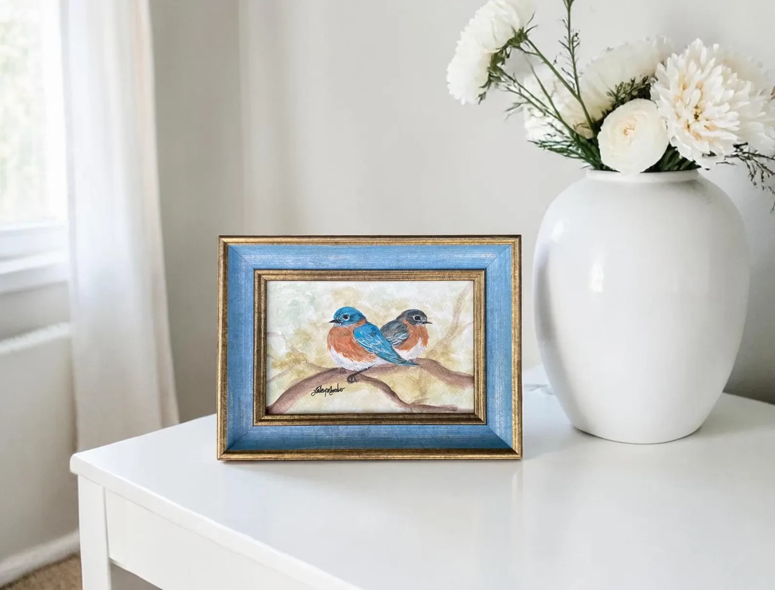 Eastern Bluebird Pair Original Painting, Framed Bird Watercolor Art Wall Decor