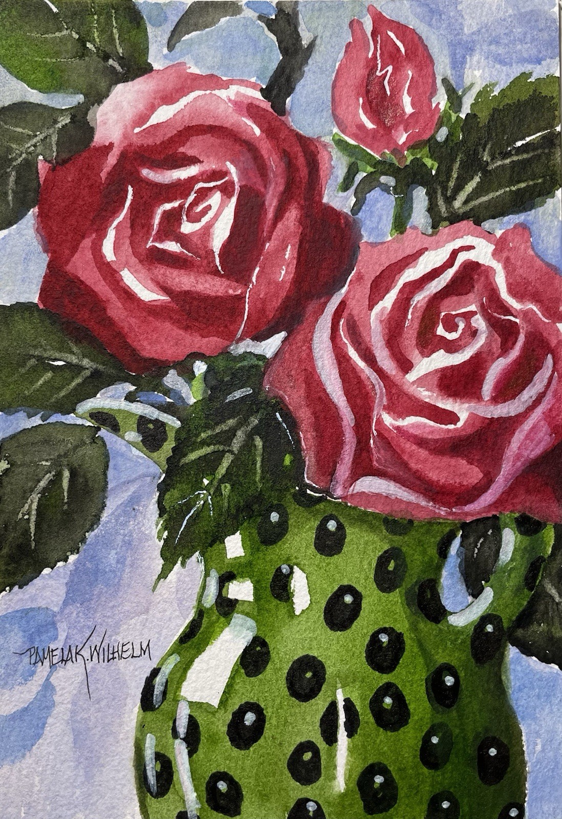 Pamela Wilhelm Watercolor 5”x7” Original Whimsical Roses Red W Green Dotted Vase