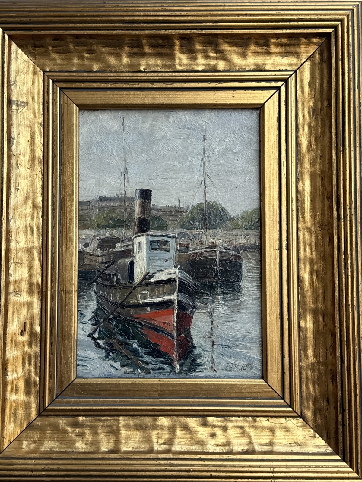 ANTIQUE PAINTING NAUTICAL FRENCH LISTED COASTAL MARINA PORT HENRI TROUSSARD OIL