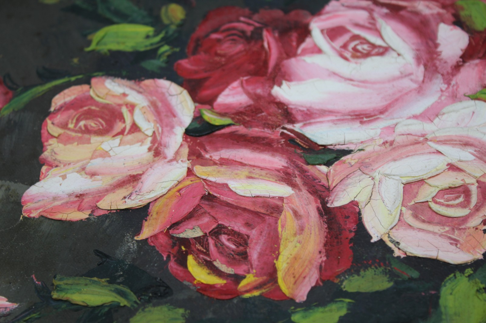 Vintage Original Oil Painting on Canvas Pink Roses in a Blue Vase 16×20” Vintage
