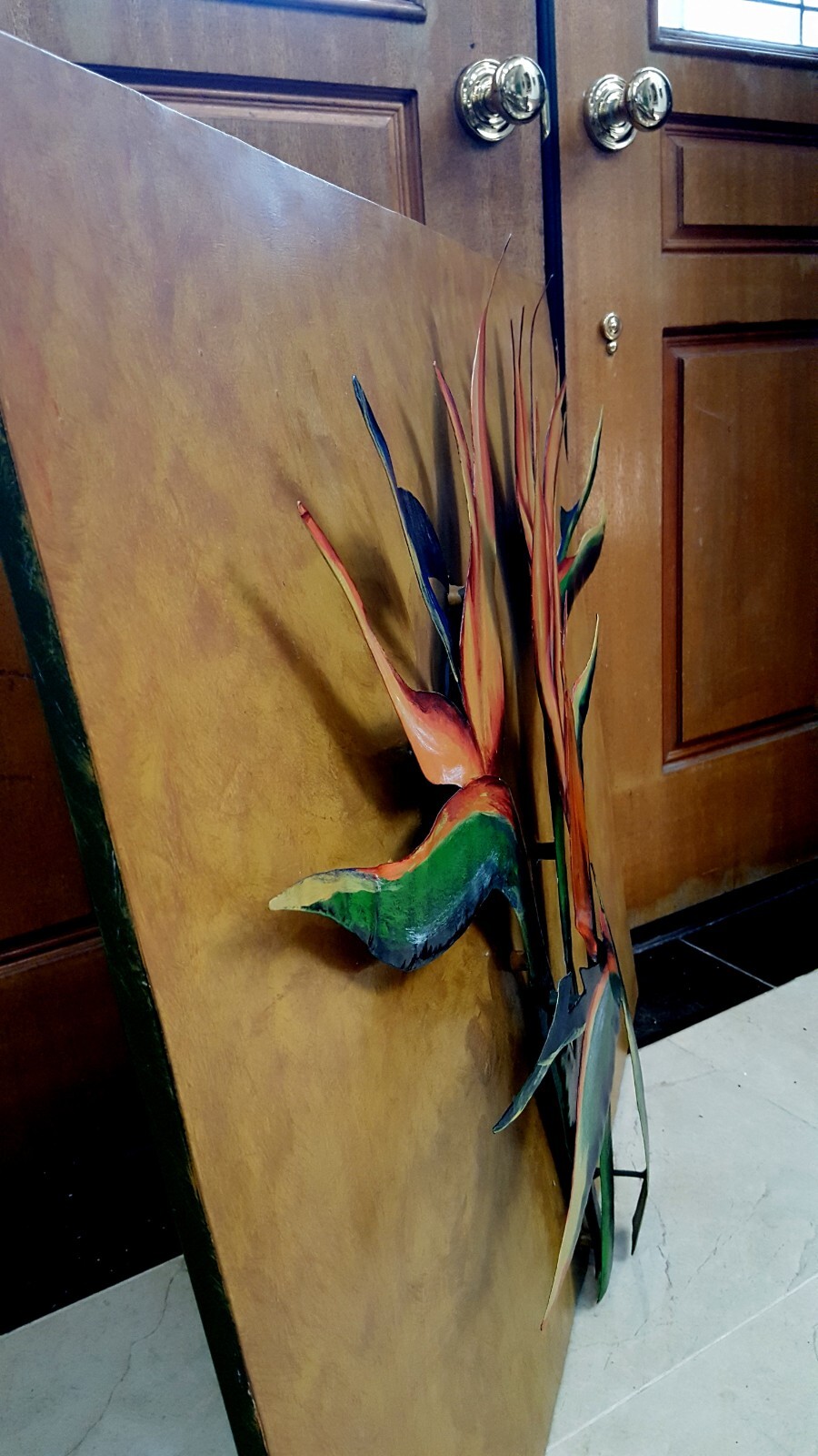 ORIG SIGNED ROMEY 3DIMENSIONAL Oil Painting METAL BIRD OF PARADISE Flowers PERU!