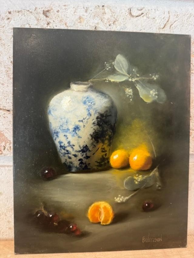 FLOWERS & FRUIT WITH CERAMIC VASE OIL Painting Art Floral Still Life 8X10