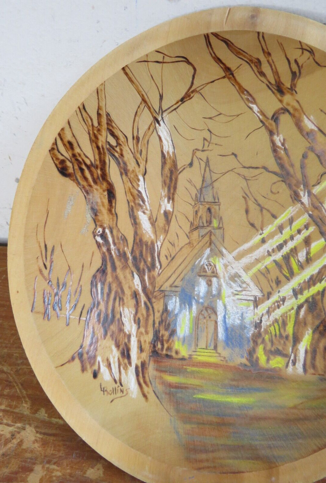 Vintage Wooden Bowl Art Church Trees Painting/Burning 8.25×9 Rollins