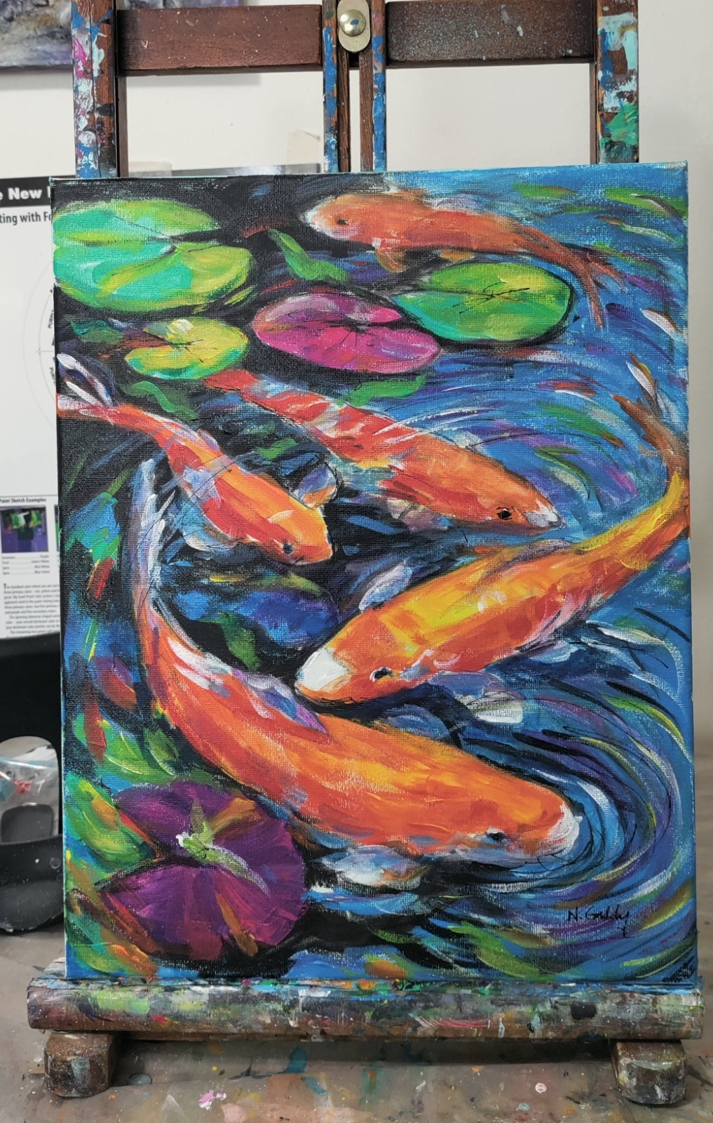 Original Abstract Expressionism Colorful Koi Fish 14 x 11 Canvas Wall Painting