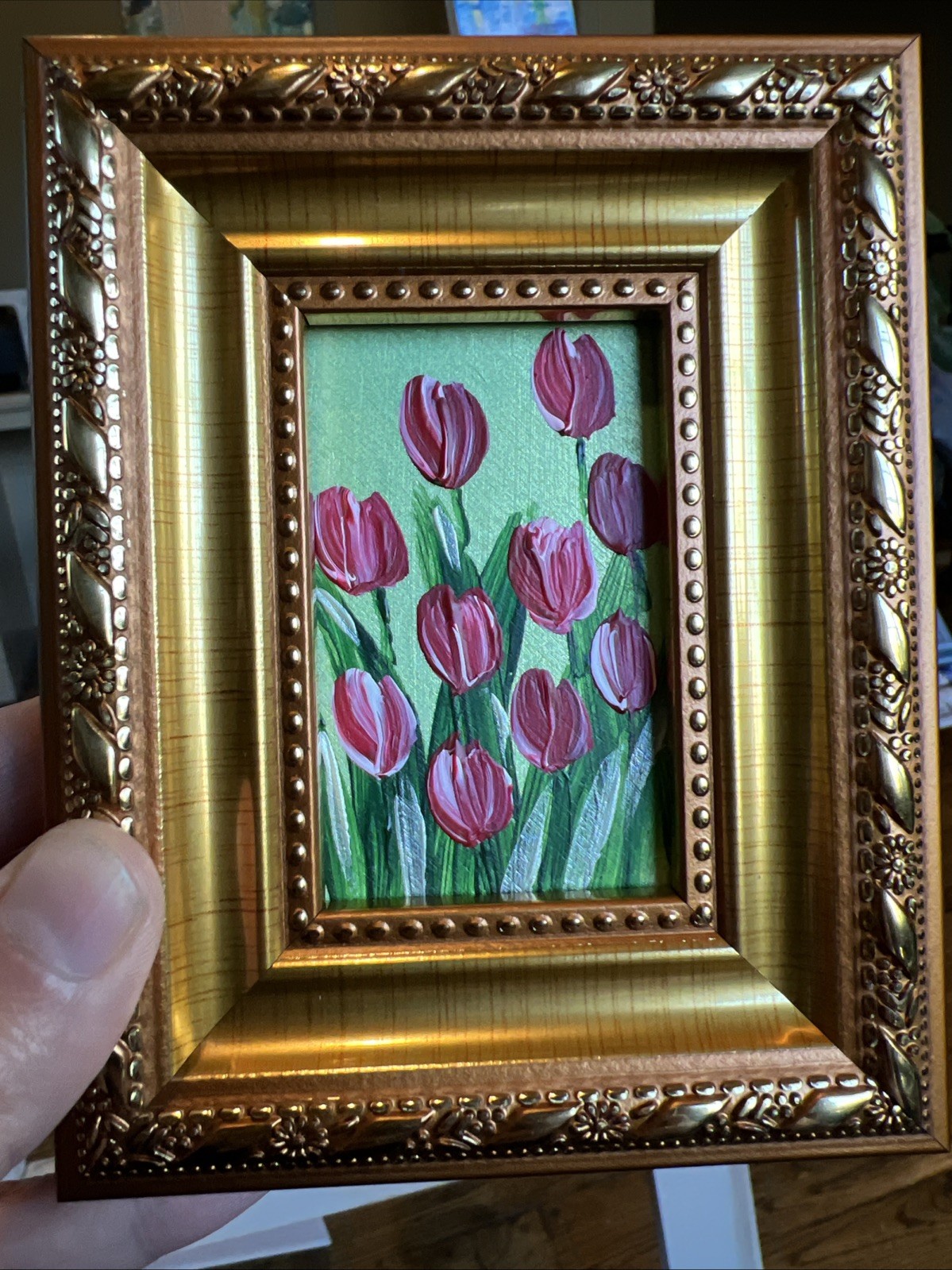 Red Tulips,flowers, original,miniature Painting,small,mini, Framed,wall Art #3