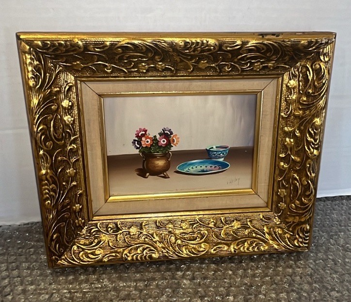 VTG V. Weley Dutch Art Signed Still Life Oil Painting Ornate Frame – Linen Lined