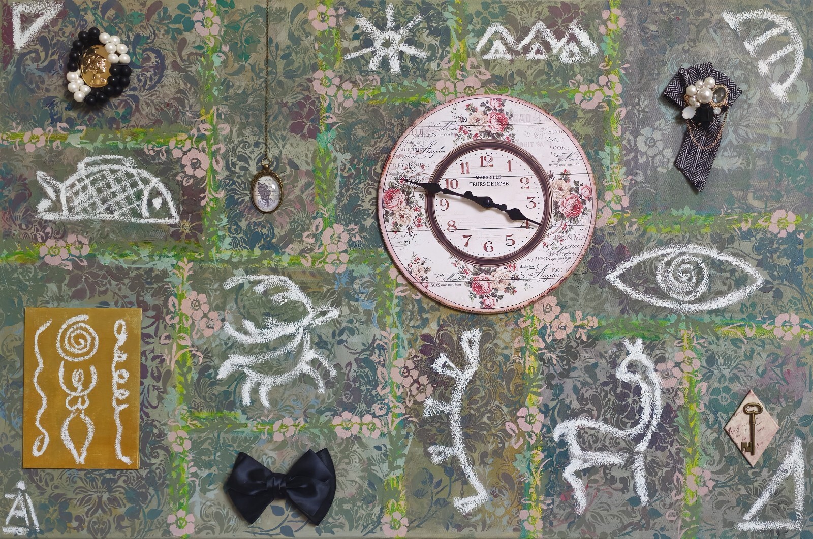 24 * 36″ original collage Painting fine art stretched canvas & clock Azi Hs