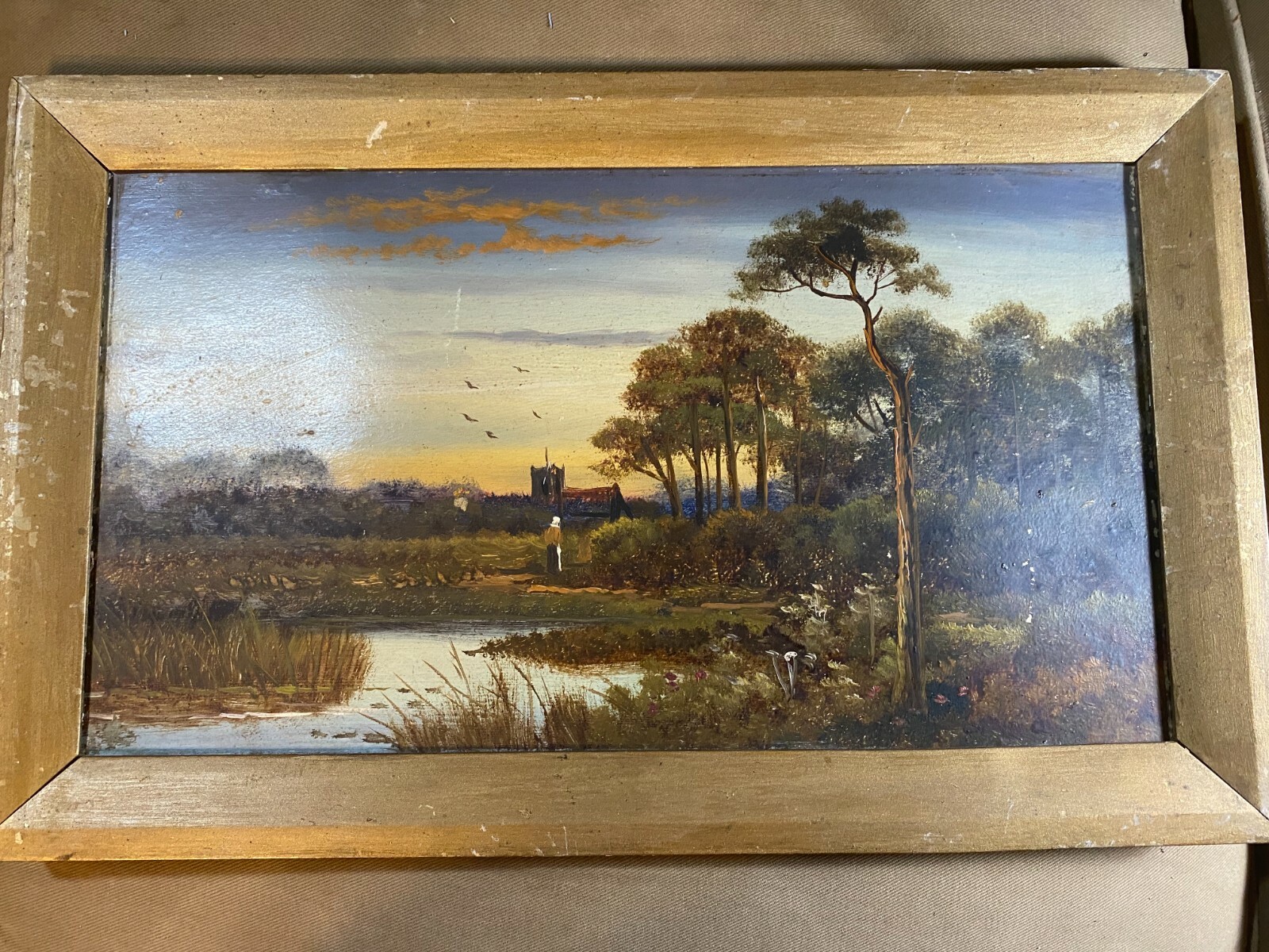 Antique «Landscape With Female Figure Scene» Oil Painting – Framed