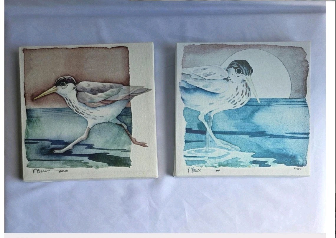 Set of 2 Coastal Shorebird Canvas Prints Signed Watercolor Style Beach House