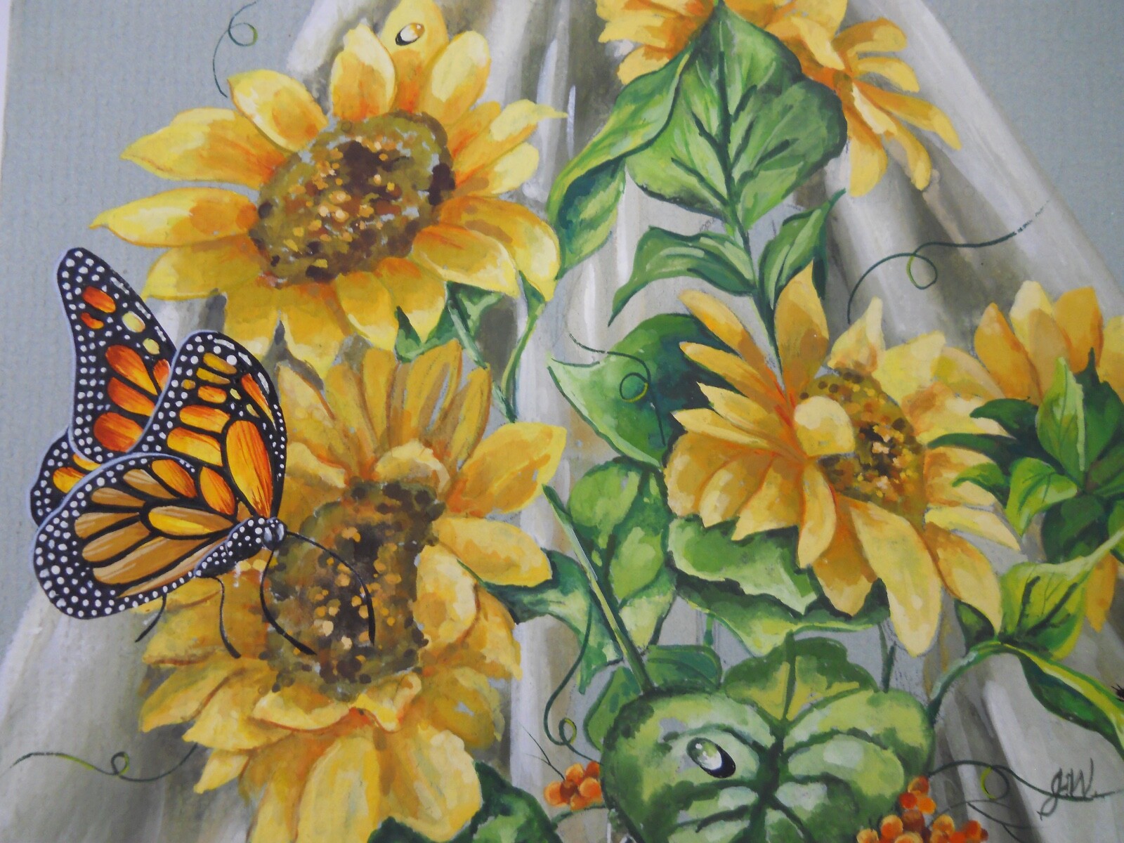 Original Sunflower flower Monarch Butterfly Insect Painting