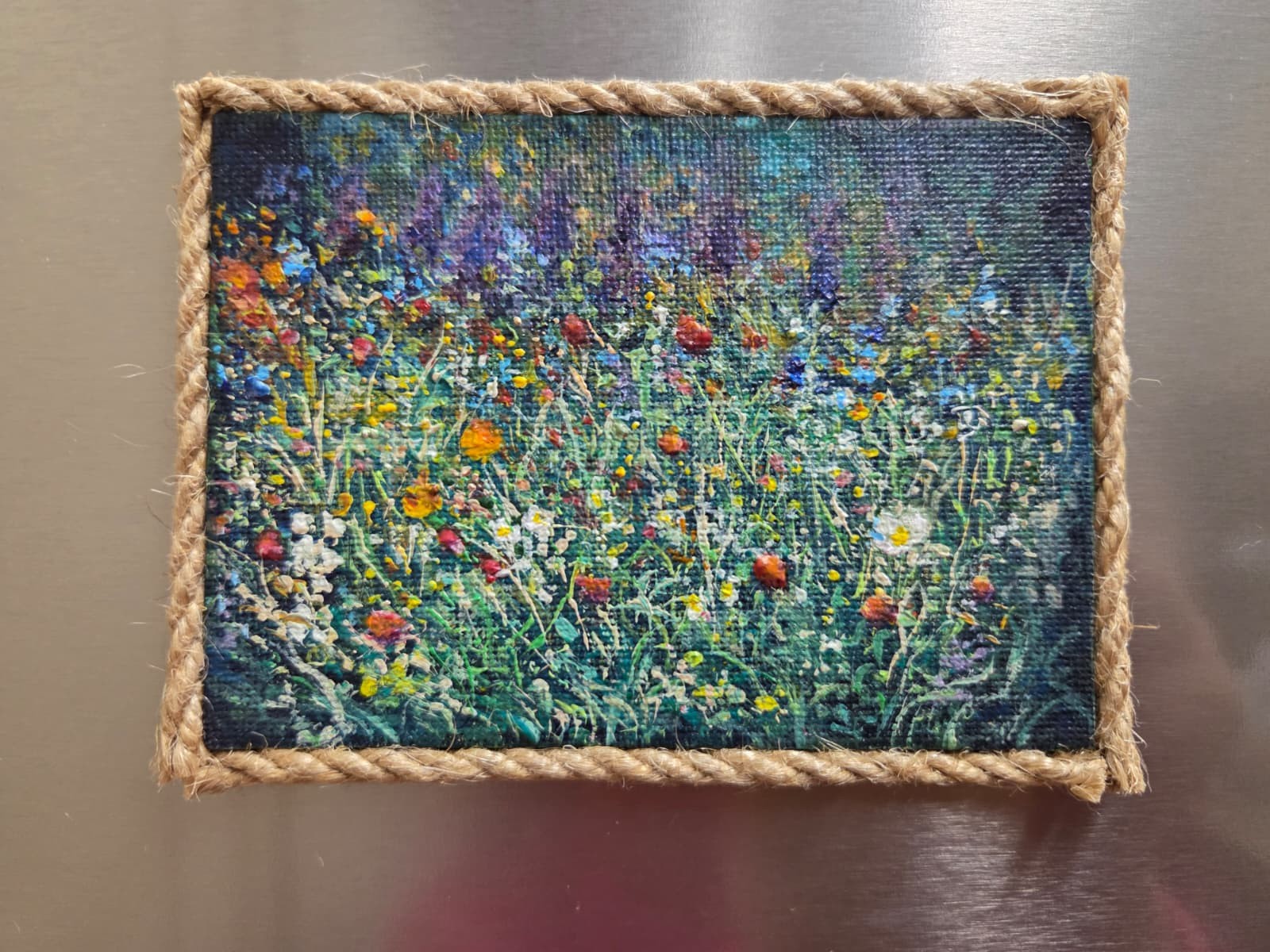 Original Wildflowers Meadow Mini Canvas Acrylic Fridge Magnet Painting 4.2×3 In