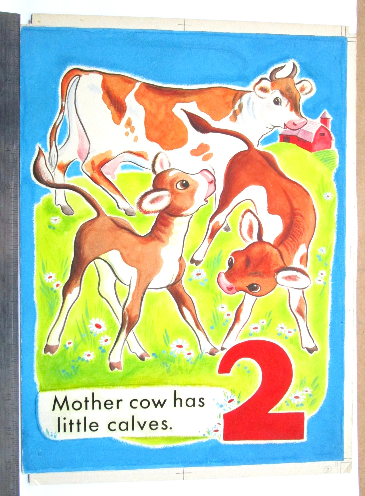 1950 COWS CHILDRENS BOOK PAINTING COUNT THE ANIMALS ORIGINAL drawing art cel cow