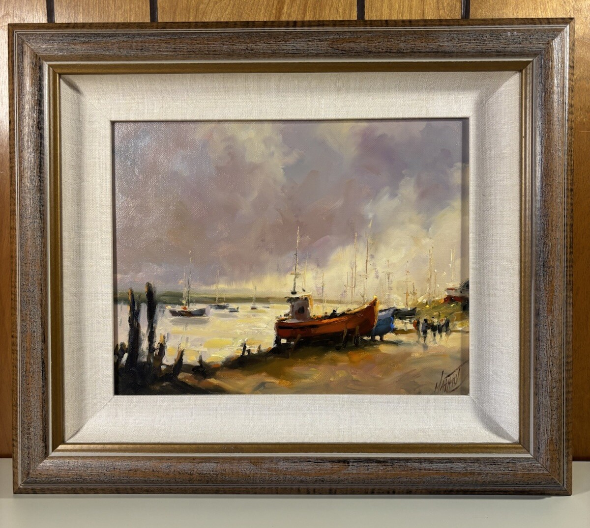 Vintage Seaside Harbor Quebec City Canada Oil Painting Framed Signed 20.5”x17.5”