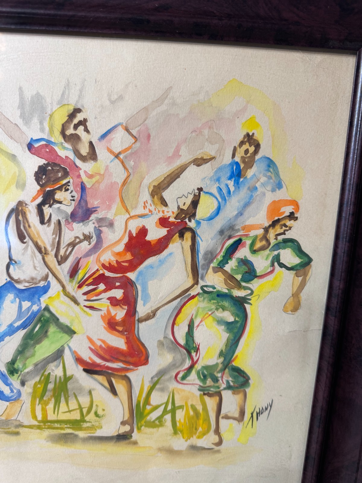 Vintage T Hony «Figures Dancing Scene» Watercolor Painting – Signed And Framed