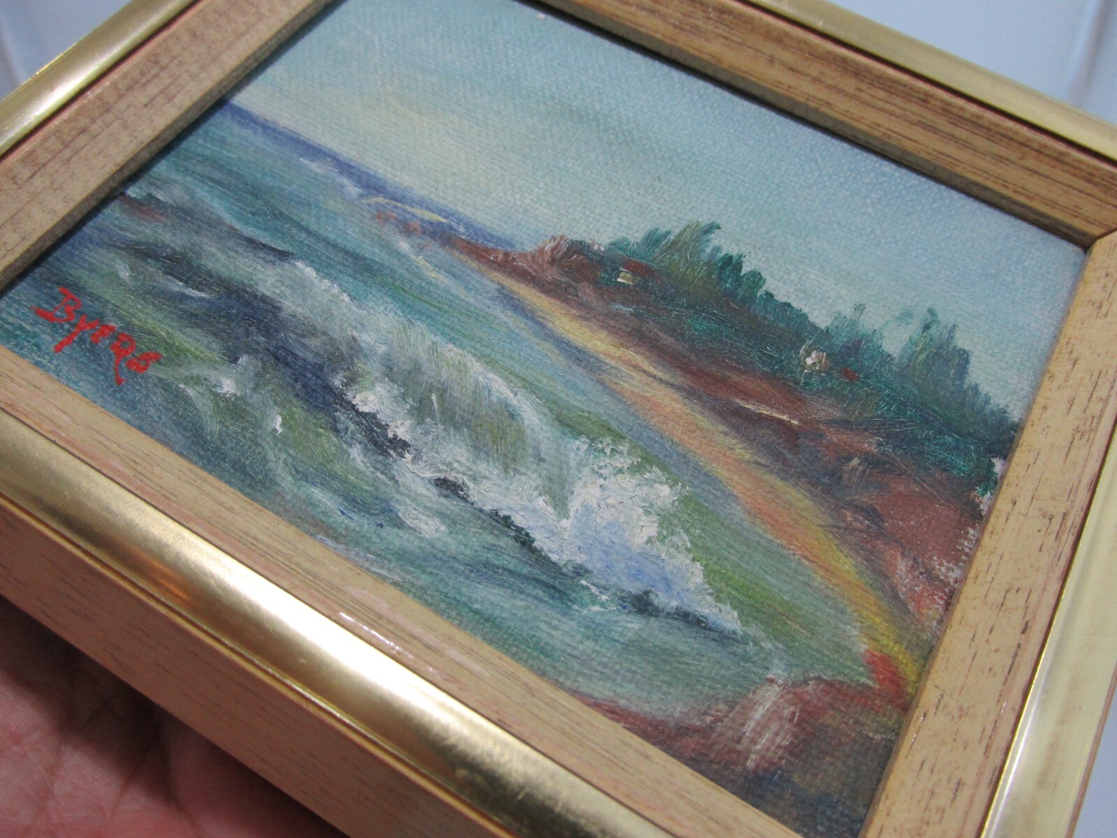 Original Painting Seascape Signed Byers Ocean Cove Waves Bluffs Sea Miniature