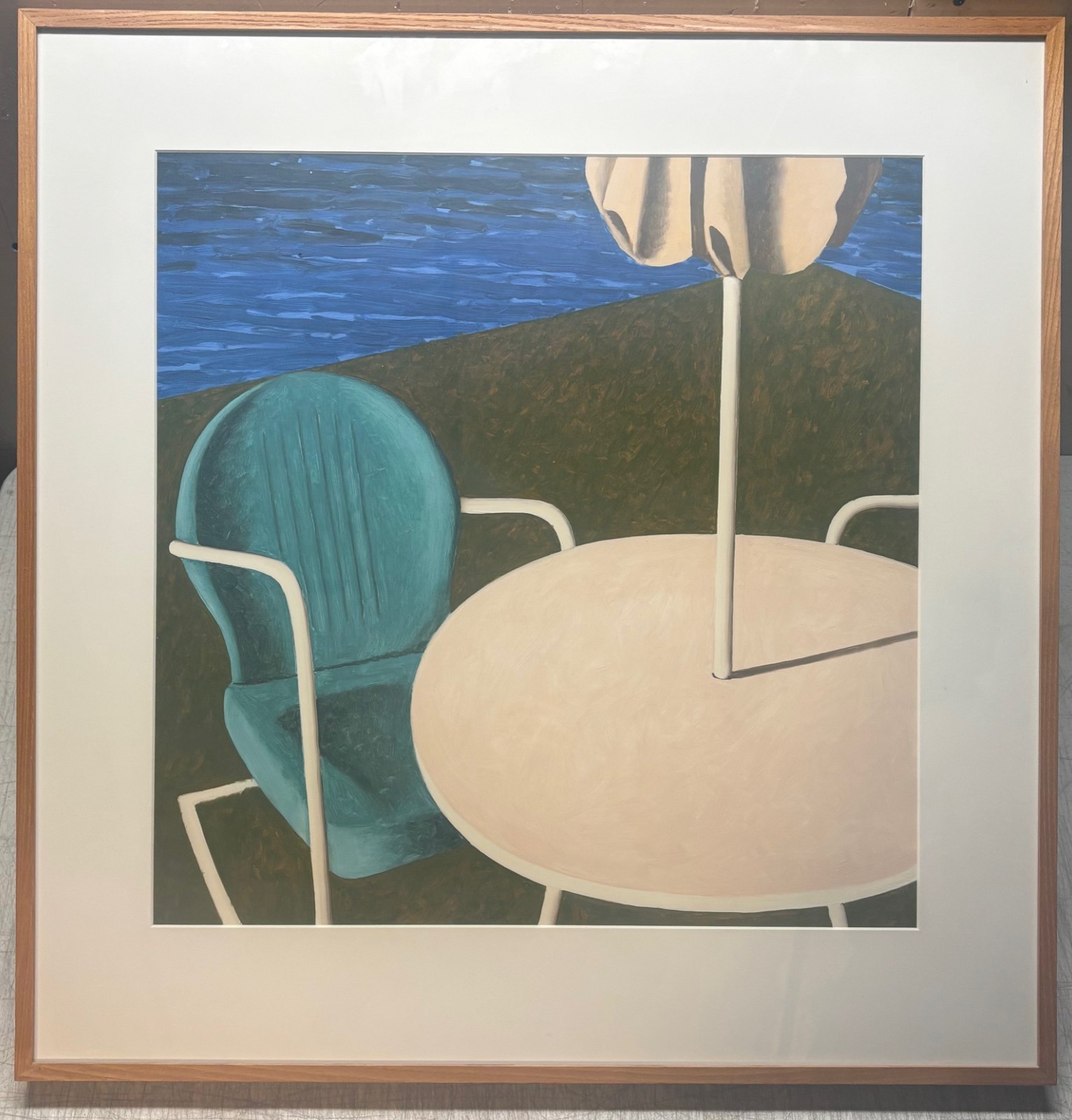 Vintage 1989 KEVIN MACDONALD Poolside Table & Umbrella PAINTING – Hockney School