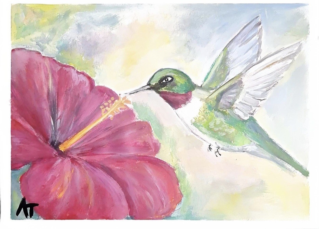 Original Golden 9×12 Impressionist Hummingbird Acrylic Paper Signed Home Decor