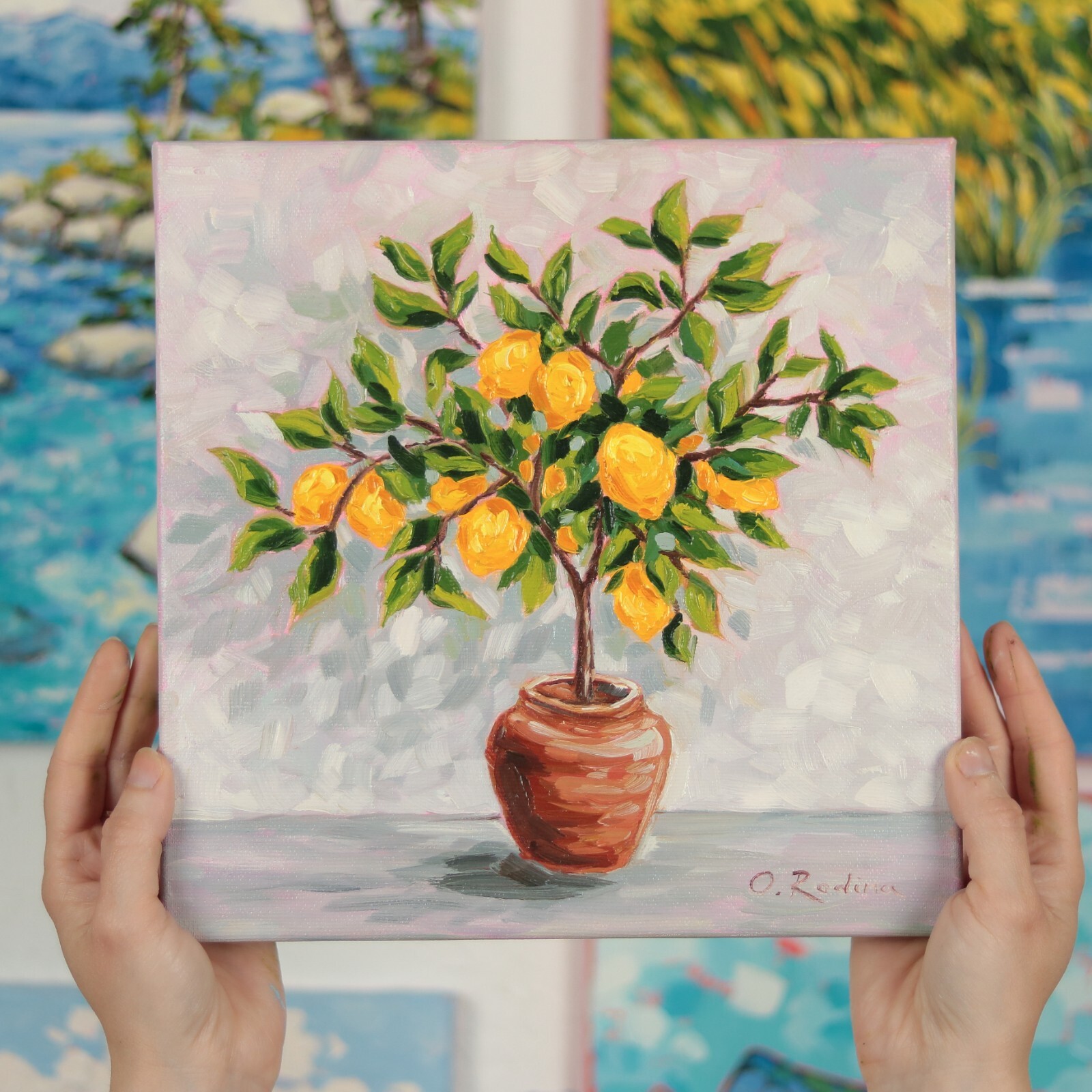 Original Lemon Tree Oil Painting on Canvas 10×10 Lemon Wall Art Lemon Tree