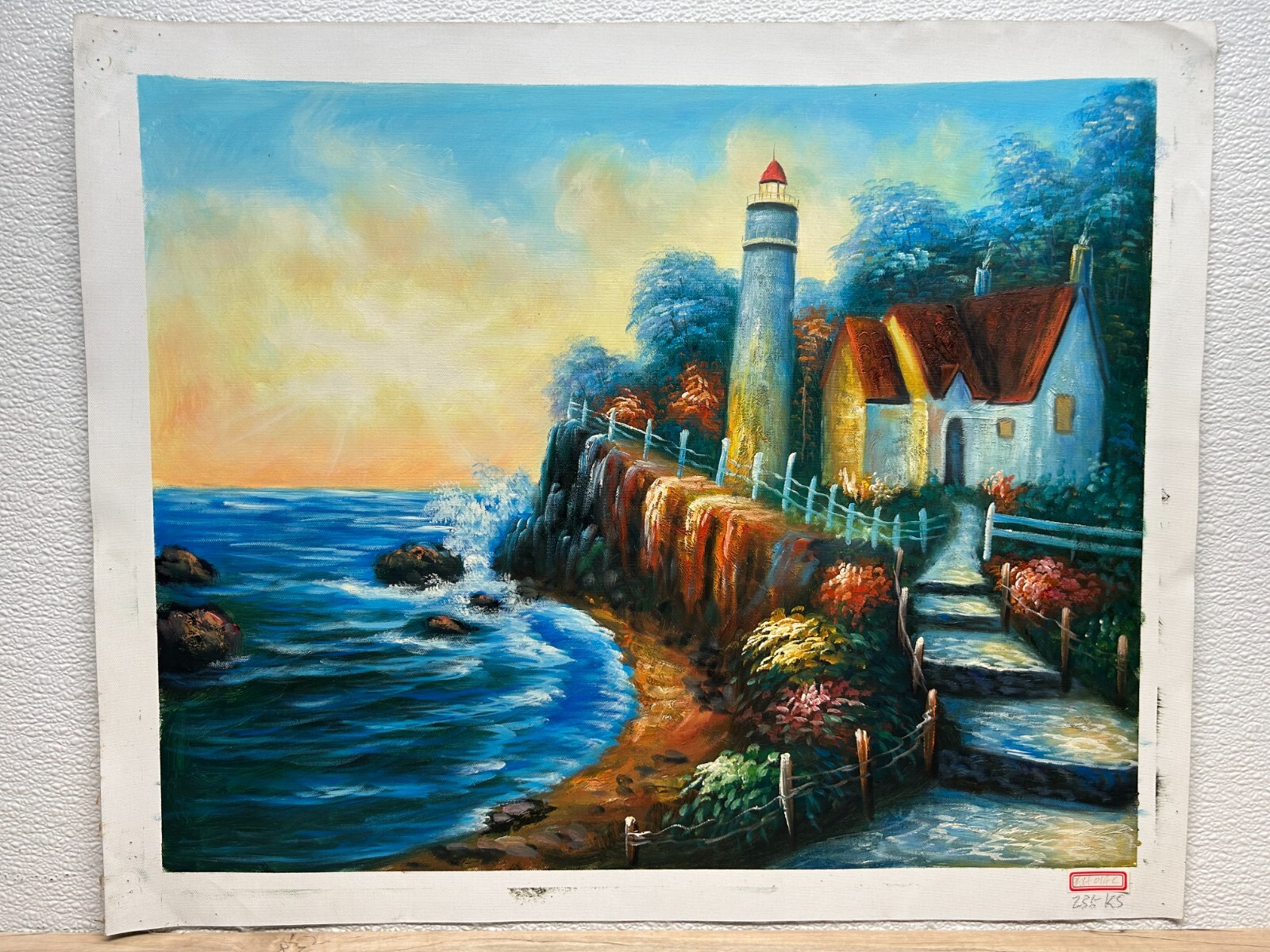 Genuine Oil Painting Unknown Artist Light House Size: 16.5 x 21 Not Framed