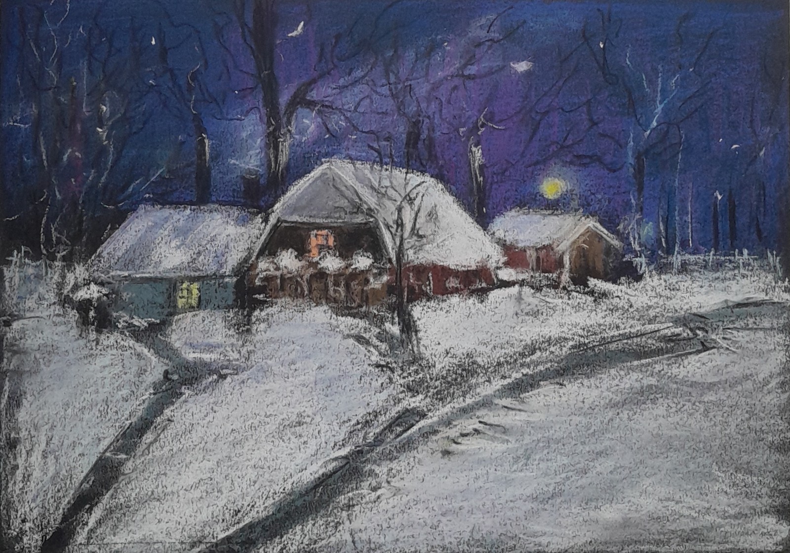 Original Winter Landscape Pastel Painting on Paper – Snowy Evening – 8.3×11.4 in