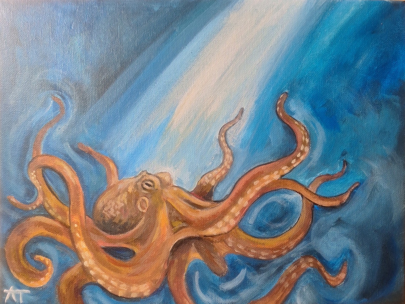 Orginal Deep Sea Octopus 9×12 Impressionist Acrylic Panel Painting