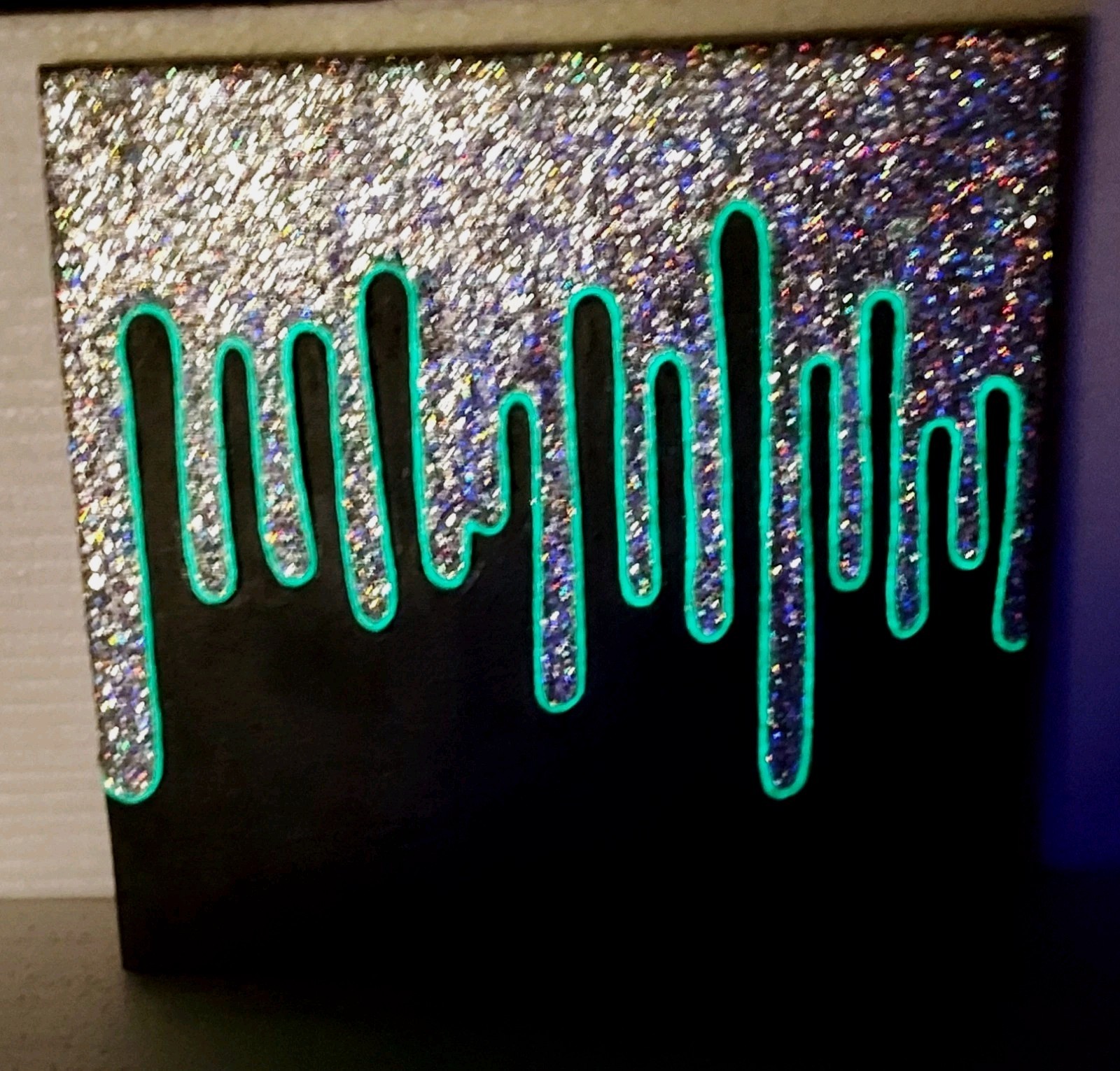 Glow N Dark Glitter Painting On Canvas Black With Silver Holographic Glitter
