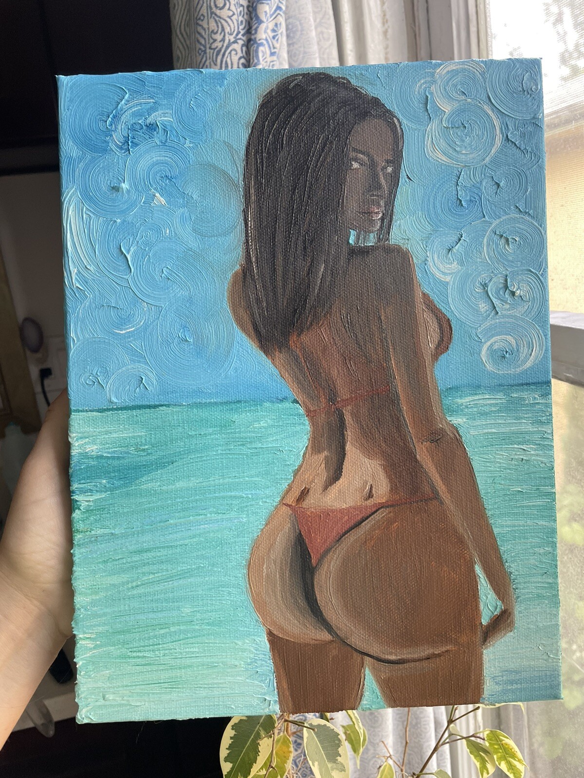 Girl Beach Oil On Canvas Babe Em Rata Dark Skinned Art 12 X 9 Inches Bikini