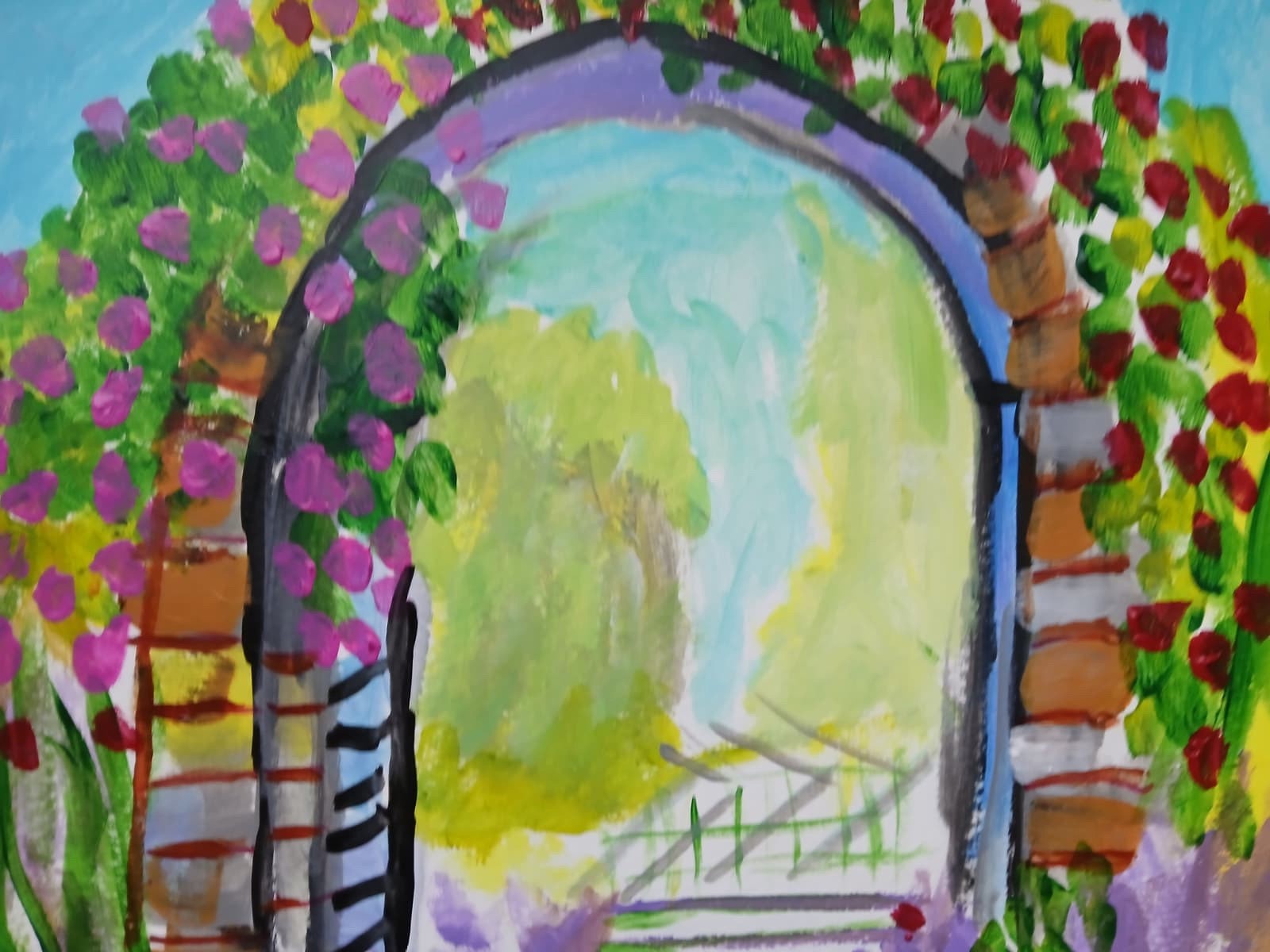Impressionistic 11×14 Rose Garden Gate Acrylic Original Signed Art Painting