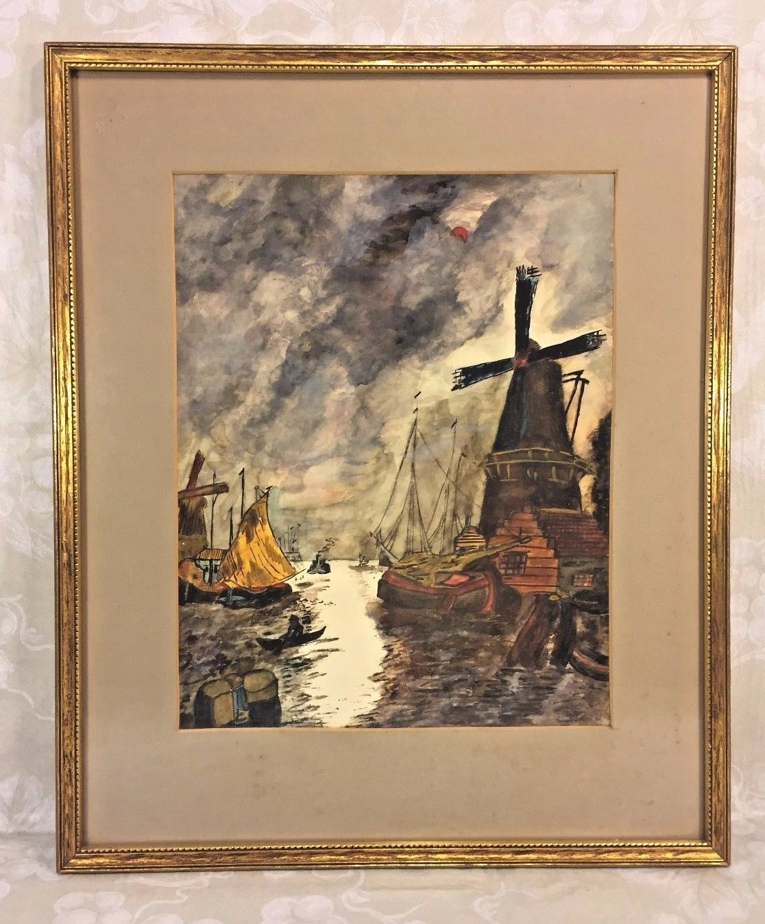 Watercolor Dutch Scene Painting Attributed to Paul Swimmery Sr Windmill & Port