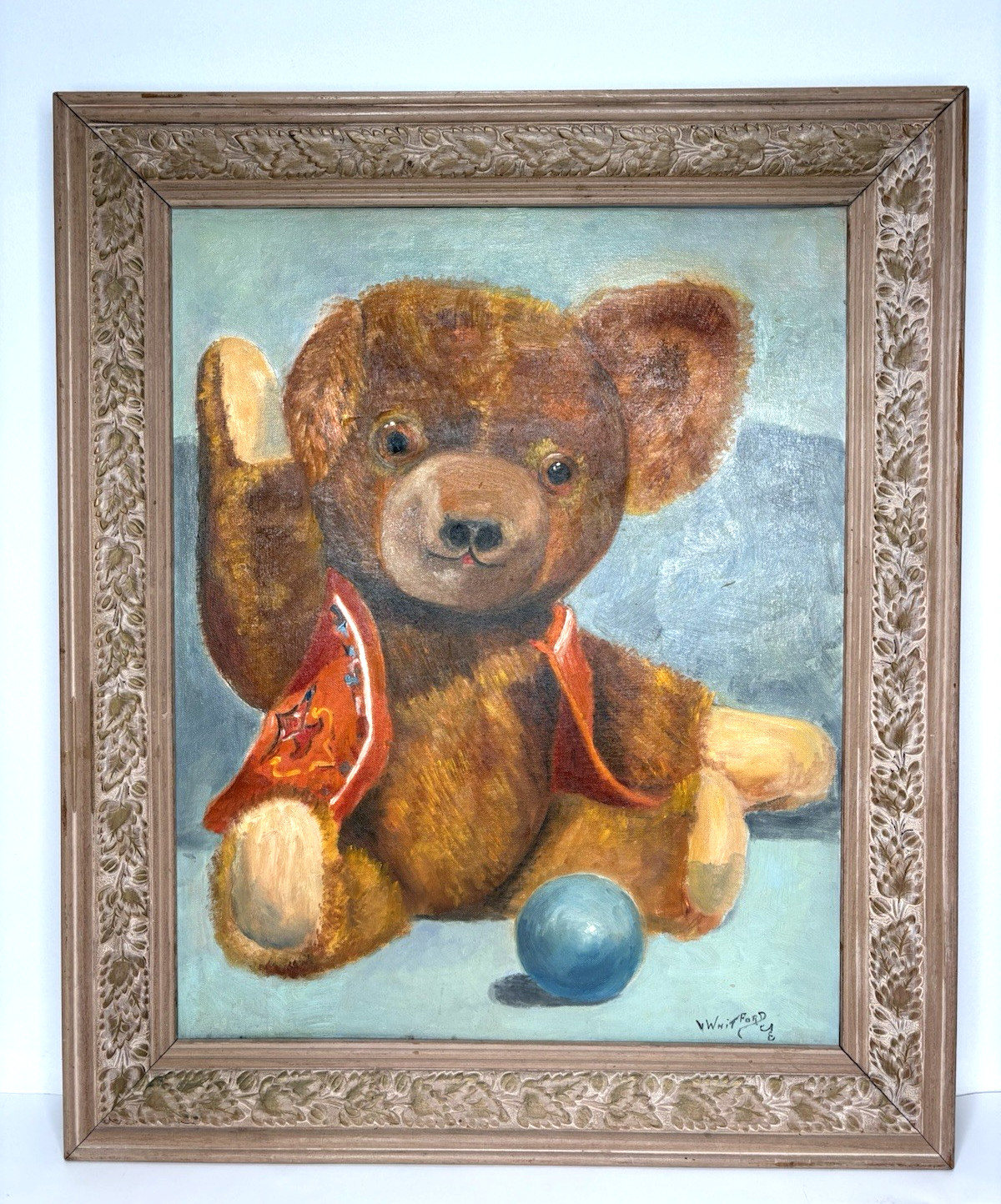 Vintage Teddy Bear Painting 20” X 24” Framed Original Signed